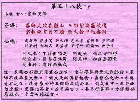 黄大仙灵签 第58签:下下 蹇叔哭师