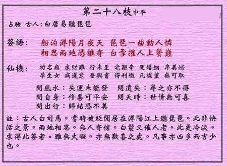 黄大仙灵签 第28签:中平 浔阳江听琵琶